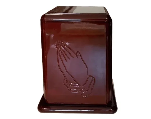 Prayers Mahogany Urn WU108, glossy dark red wood cube urn with praying hands carved on the front panel