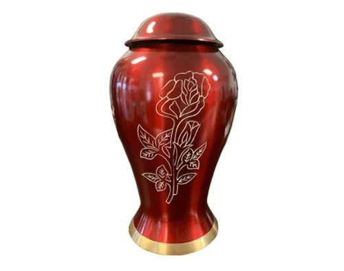 Red Rose Metal Urn MU335, glossy deep red finish with a domed lid, an etched gold rose and a brass base band