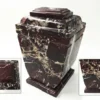 Royal Red Marble Urn MAU010, tapered square urn in dark burgundy marble with white veins, stepped lid and base