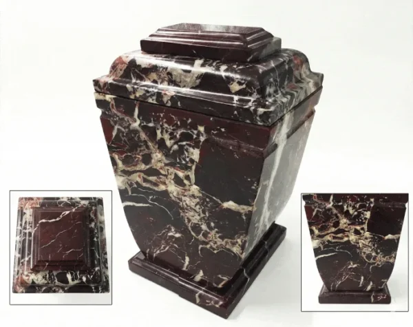 Royal Red Marble Urn MAU010, tapered square urn in dark burgundy marble with white veins, stepped lid and base