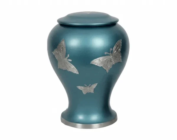 Sky Butterfly Metal Urn MU177, teal blue metal urn with three silver butterflies and a silver band at the foot