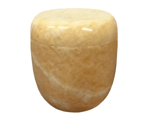 Sunset Onyx Urn MAU206, rounded drum shaped urn in polished golden yellow onyx with soft white veins
