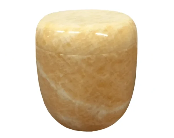 Sunset Onyx Urn MAU206, rounded drum shaped urn in polished golden yellow onyx with soft white veins