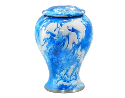 Tranquil Metal Urn MU122, vase shaped metal urn in a glossy swirled blue and white finish with a domed lid and silver base