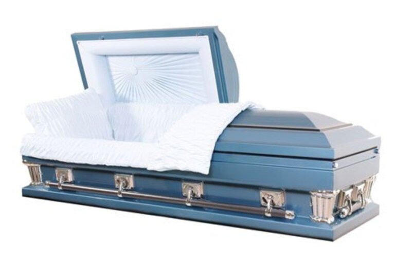 Blue metal casket shown open, available at Haven Casket